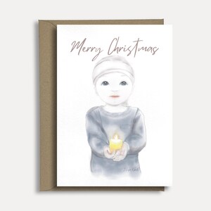 Merry Christmas handgemaakte kerstkaart | liefdevolle  feestdagenkaart met kind en brandende kaars | warme kerstgroet | tekst aanpasbaar