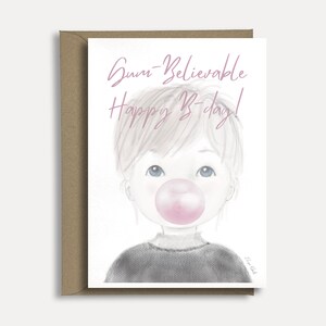 Gum Believable Happy Birthday kaart  | grappige woordspeling kaart roze kauwgombel | bubble gum kunst print