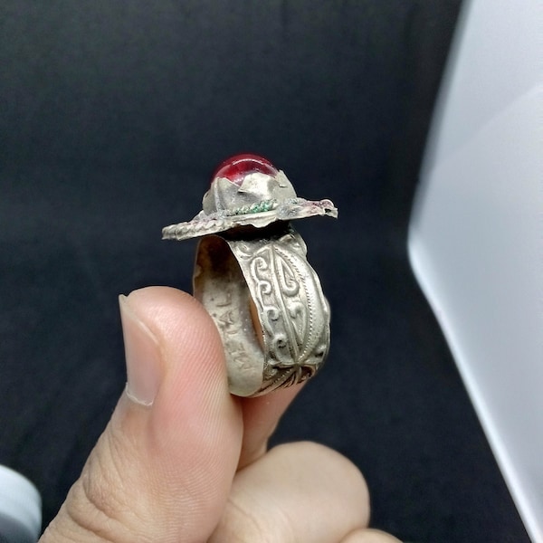 Moroccan Vintage Ring, Kabyle Ring Ethnic Handmade African Jewelry Tuareg Tribal Engraved Ring, Silver Plated with Red Glass Ring For Women