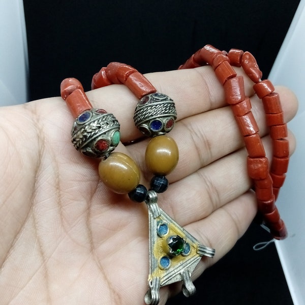 Antique Moroccan Berber Necklace Authentic Ethnic Tribal Jewelry with Coral and Silver, Collectible,  resin african beads necklace for women