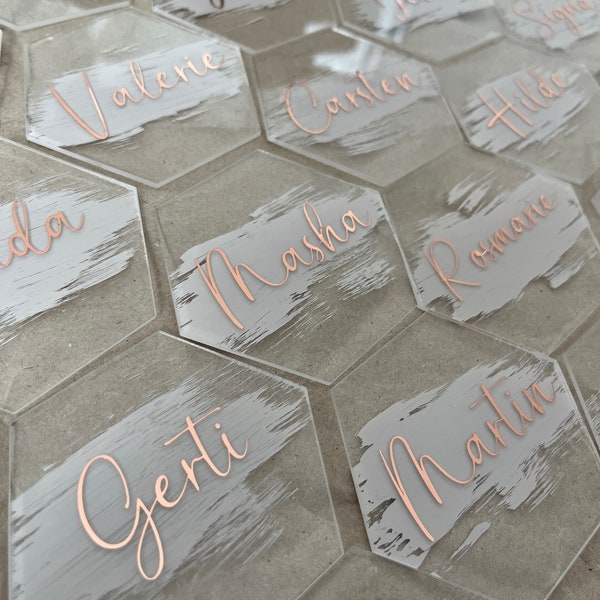 Personalisierte Platzkarten aus Acryl | Tischnamen | Hexagon Platzkarten | Tischkarten | Namensschilder | Hochzeit Geburtstag JGA