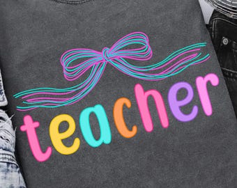 Neon Teacher Bow PNG SVG: Preppy Coquette T-Shirt Design (Digital Download)