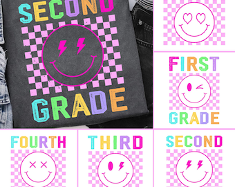 Neon First Second Third Grade Teacher Bundle Png Svg, Preppy Checkered Back To School Png, Kindergarten Teacher Png, First Day of School Png