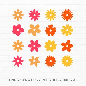 May include: Set of 16 flower clip art images in various shades of orange, yellow, and pink. The flowers are all simple, stylized designs with five petals.