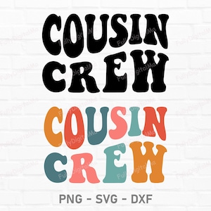May include: A digital design featuring the text "COUSIN CREW" in black and then again in colorful letters with a retro style. The text is on a white brick background.