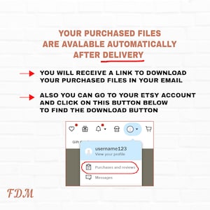 May include: A screenshot of an Etsy account showing a message that purchased files are available automatically after delivery. The message also explains that a download link will be sent to the buyer's email address. The buyer can also access their purchased files by going to their Etsy account and clicking on the "Purchases and reviews" button.