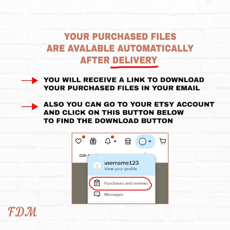 May include: A screenshot of an Etsy account showing a message that purchased files are available automatically after delivery. The message also explains that a download link will be sent to the buyer's email address. The buyer can also access their purchased files by going to their Etsy account and clicking on the "Purchases and reviews" button.