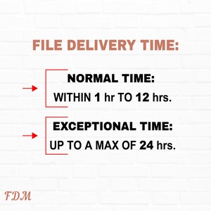 May include: A white brick wall background with black text that reads "FILE DELIVERY TIME:" followed by two boxes with black text. The first box reads "NORMAL TIME: WITHIN 1 hr TO 12 hrs." The second box reads "EXCEPTIONAL TIME: UP TO A MAX OF 24 hrs."