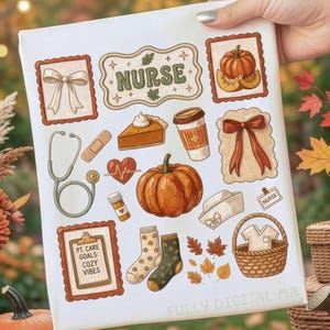May include: A white sheet featuring various autumn-themed nurse illustrations including a pumpkin, stethoscope, coffee cup, pie slice, bandage, heart rhythm, socks, basket, and a clipboard with the text PT. CARE GOALS: COZY VIBES and NURSE.