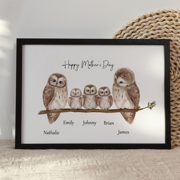 Customised Owl Family Wall Art, Personalised Couple Print, Mom and Dad Portrait Gift, Valentines, Anniversary, Birthday and Christmas