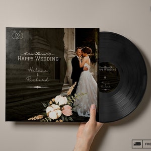 May include: A black and white wedding invitation with a photo of a couple in front of a building. The invitation says "Happy Wedding" and includes the names "Helene & Richard".
