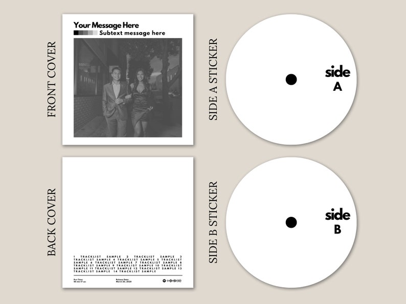 Op de afbeelding: Een albumhoesontwerp in grijstinten met een foto van een stel. De voorkant bevat de tekst "Your Message Here" en "Subtext message here". Twee witte vinylstickers zijn gelabeld met "Side A" en "Side B". De achterkant bevat een tracklist.