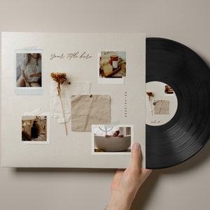 May include: A vinyl record with a beige paper cover featuring a collage of images. The images include a woman in a white dress, a dried flower, a piece of fabric, a bottle of liquid, and a bathtub. The text "your title here" is written on the cover.