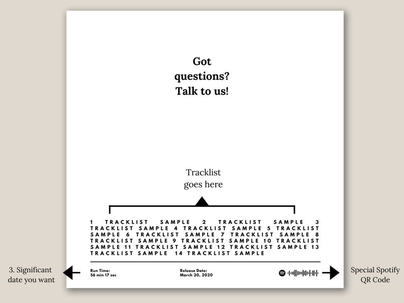 Op de afbeelding: Witte albumhoes met zwarte tekst: "Got questions? Talk to us!" en "Tracklist goes here." Bevat een tracklist, afspeeltijd, releasedatum en een Spotify QR-code. Het ontwerp is minimalistisch.