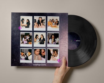 May include: A black vinyl record with a purple and black gradient design. The record cover features a collage of Polaroid photos of a group of friends hanging out and eating pizza. The text "@reallygreatsite" is printed on the bottom of the cover.