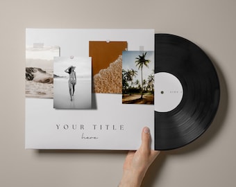 May include: A black vinyl record with a white label that says "Side A". The album cover is white with a collage of photos featuring a woman in a swimsuit on a beach, palm trees, and ocean waves. The text "YOUR TITLE here" is printed on the cover.