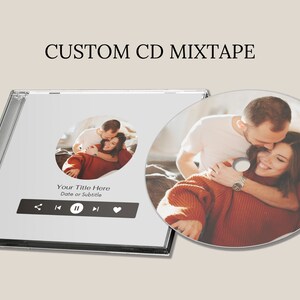 May include: A custom CD mixtape with a photo of a couple on the front. The CD case is white with a black border and has a play button, pause button, and a heart icon. The text "Your Title Here" and "Date or Subtitle" is printed on the case.