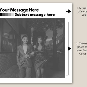 Op de afbeelding: Een promotionele afbeelding met de tekst "Your Message Here" en "Subtext message here." De afbeelding toont een grijswaardenfoto van een man en een vrouw die arm in arm lopen. Er staan instructies bij om een titel of boodschap en een foto voor een omslag te kiezen.