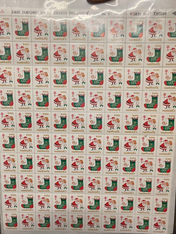 1964 Vintage Christmas Seal Stamps. Stocking and Santa Stamps. Etsy