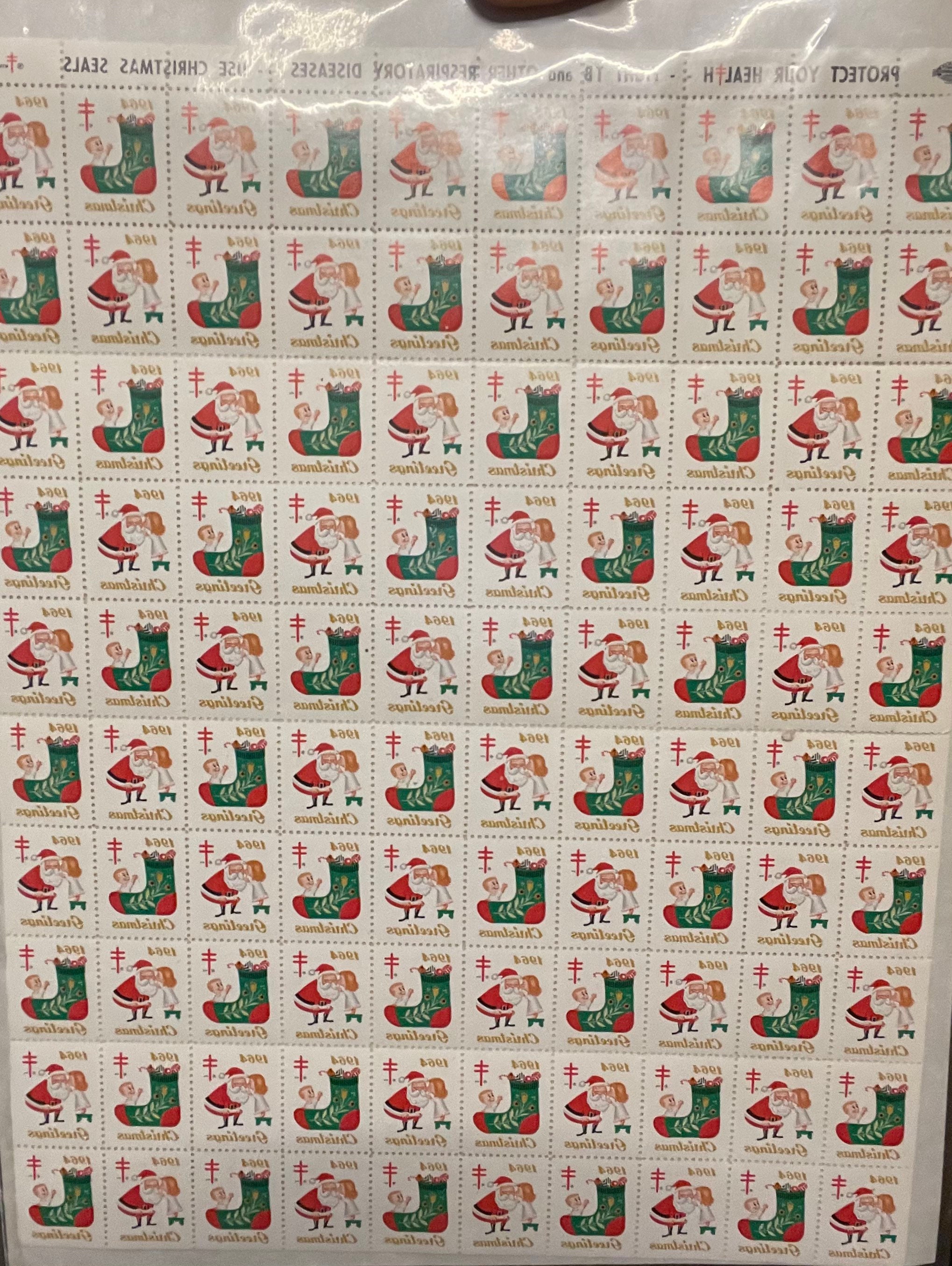 1964 Vintage Christmas Seal Stamps. Stocking and Santa Stamps