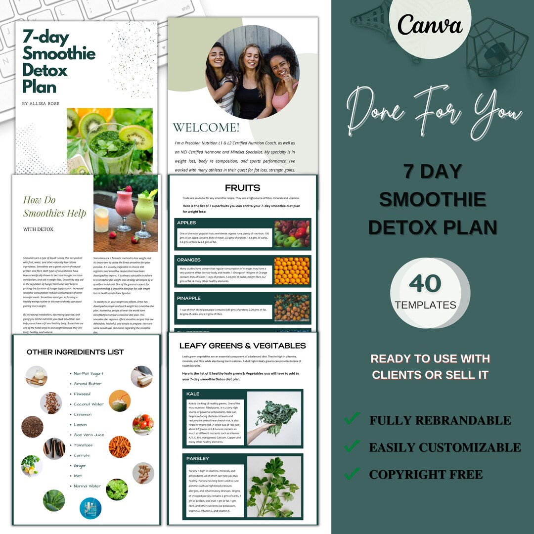 7day Smoothie Detox Plan With Ingredients and Recipes, Fully Editable