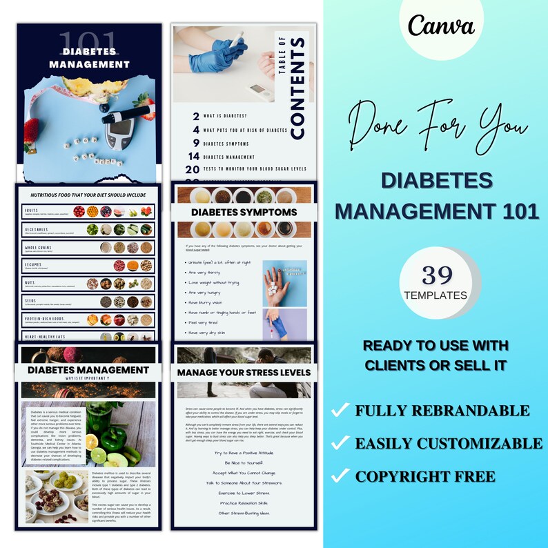 Diabetes Management, Health Coach, Ebook Template Canva, Done for You