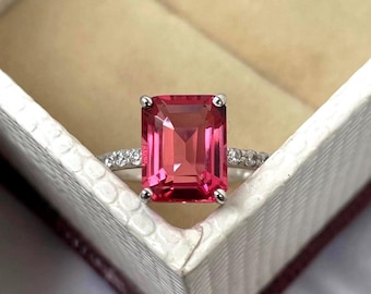 Pink Tourmaline Engagement Ring, Emerald Cut Tourmaline Ring, Vintage Tourmaline Wedding Ring, Tourmaline Solitaire Ring, 14k Gold Jewellry.