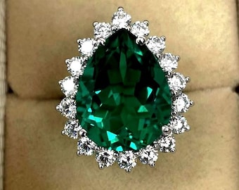 Anello con smeraldo verde, anello con smeraldo taglio a pera, anello con zircone Halo, anello con smeraldo da laboratorio, fede nuziale, argento sterling 925, anello di fidanzamento verde.