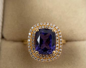 Tanzanite Engagement Ring, 14k Gold Cushion Cut Tanzanite Ring, Double Halo Rose Gold Ring,  Gemstone Proposal Ring, Fine Jewelry Gift .