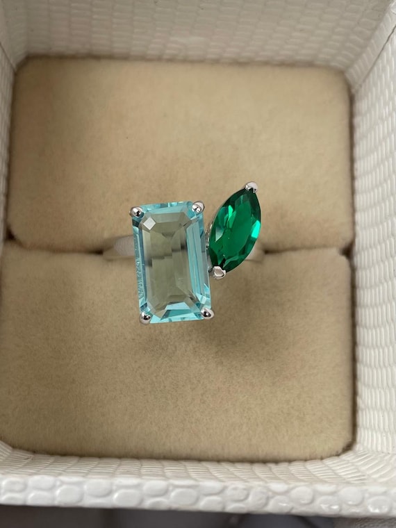 Aquamarine And Emerald Ring/ 14ksolid Gold Ring/ Two Stone Ring/ Toi Et Moi Ring/ Engagement Ring/ 925Sterling Silver Ring/ Prong Ring.