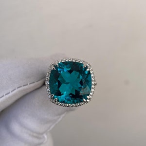 Luxury Paraiba Ring, Cushion Cut Paraiba Halo Ring, Pavé Ring, Paraiba Silver Ring, 925 Sterling Silver, Engagement Ring, Wedding Ring