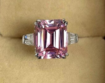 Pink Sapphire Engagement Ring, Emerald Cut Pink Sapphire Ring, Three Stone Halo Ring, Antique Pink Sapphire Jewellry, 14k Solid Gold Ring.