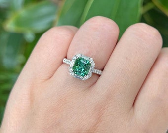 Vintage Emerald Ring, Asscher Cut Emerald Pavé Ring, Emerald Silver Ring, Wedding Ring, Engagement Ring, Halo Ring, Gift For Women