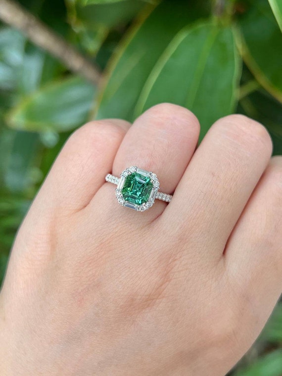 Vintage Emerald Ring, Asscher Cut Emerald Pavé Ring, Emerald Silver Ring, Wedding Ring, Engagement Ring, Halo Ring, Gift For Women
