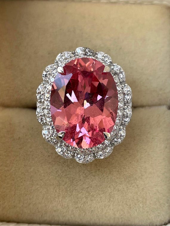 Vintage Pink Sapphire, Oval Cut Ring, Halo Ring, Cubic Zirconia Ring, 925 Sterling Silver, Engagement Ring, Statment Ring, Wedding Ring