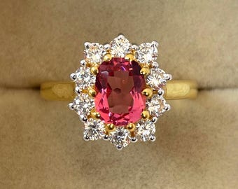 Light Pink Sapphire Engagement Ring, Oval Cut Sapphire Wedding Ring, 14k Gold Halo Sapphire Proposal Ring.