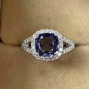 Victorian Sapphire Ring, Purple Sapphire Ring, 925 Sterling Silver, Halo And Pavé Ring, Cushion Cut Sapphire Ring, Engagement Ring.
