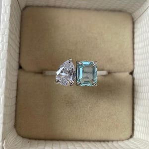 Aquamarine and Moissanite Ring, Antique Emerald Cut Aquamarine Ring, Toi Et Moi Ring, Moissanite Wedding Ring,Luxury Aquamarine Ring For Her