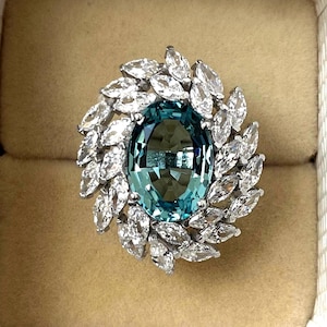 Vintage Ceylon Sapphire Ring, Oval Cut Ring, Cluster Sapphire Ring, 925 Sterling Silver, Engagement Ring, Double Halo Ring, Wedding Ring