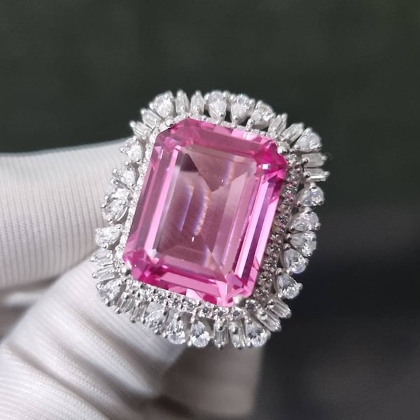 Pink Sapphire Ring, Octagon Cut Sapphire Ring, Halo Ring, 925 Sterling Silver, Engagement Ring, Wedding Ring, Bridal Ring, Gift For Her