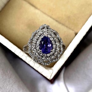 Vintage Blue Tanzanite Engagement Ring, Triple Halo Tanzanite Ring, 14k Gold Tanzanite Cluster Wedding Ring, Pear Cut Tanzanite Ring For Her