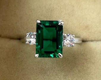 Anello con tre pietre di smeraldo, anello con smeraldo taglio ottagonale, argento sterling 925, fede nuziale, anello di fidanzamento, anello importante, anello vittoriano