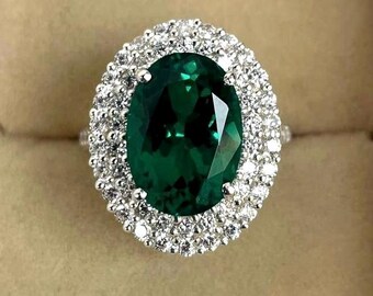 Anello con smeraldo verde scuro AAA, anello con smeraldo in oro bianco 14k, anello con doppio alone taglio ovale, anello di fidanzamento con smeraldo, gioielli vintage con smeraldo.