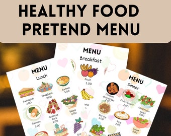 Printable Pretend Play healthy Menus, Kids Breakfast, Lunch, Dinner, dramatic play pretend Menus, Preschool Kids Activities, Pretend Menus