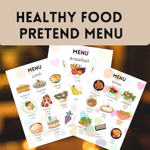 Menús saludables para juegos de simulación imprimibles, desayuno, almuerzo y cena para niños, menús de simulación para juegos dramáticos, actividades para niños en edad preescolar, menús de simulación