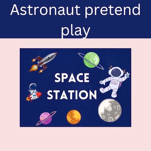 May include: A blue background with stars and planets. The text "SPACE STATION" is in white. An astronaut in a white spacesuit with a red helmet is floating in space. The astronaut is waving with one hand and holding a rocket in the other hand. There are two rockets, a moon, and three planets in the image.