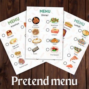Menu del ristorante di gioco di finzione, menu di gioco della cucina per bambini, attività per bambini in età prescolare, attività di homeschooling, gioco drammatico, download digitale