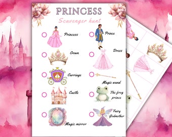Könnte beinhalten: Ein druckbares Schnitzeljagd-Spiel für eine Prinzessinnen-Mottoparty. Das Spiel zeigt Bilder einer Prinzessin, eines Prinzen, einer Krone, eines Kleides, einer Kutsche, eines Schlosses, eines Zauberstabs, eines Froschprinzen, einer Fee, einer Patin und eines ZauberSpiegels.
