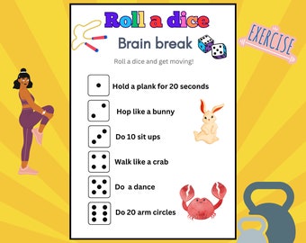 Fitness and Exercise Activity for Kids, Brain break, Dice Game Movement Activity, Roll and Exercise Fun Printable, Children Exercise game
