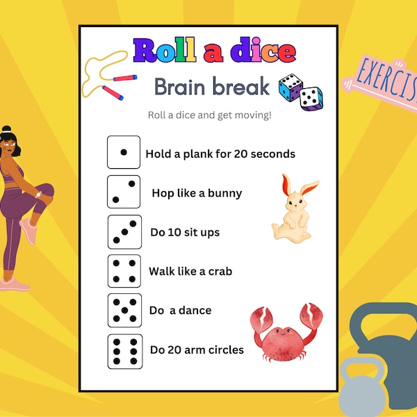 Fitness and Exercise Activity for Kids, Brain break, Dice Game Movement Activity, Roll and Exercise Fun Printable, Children Exercise game
